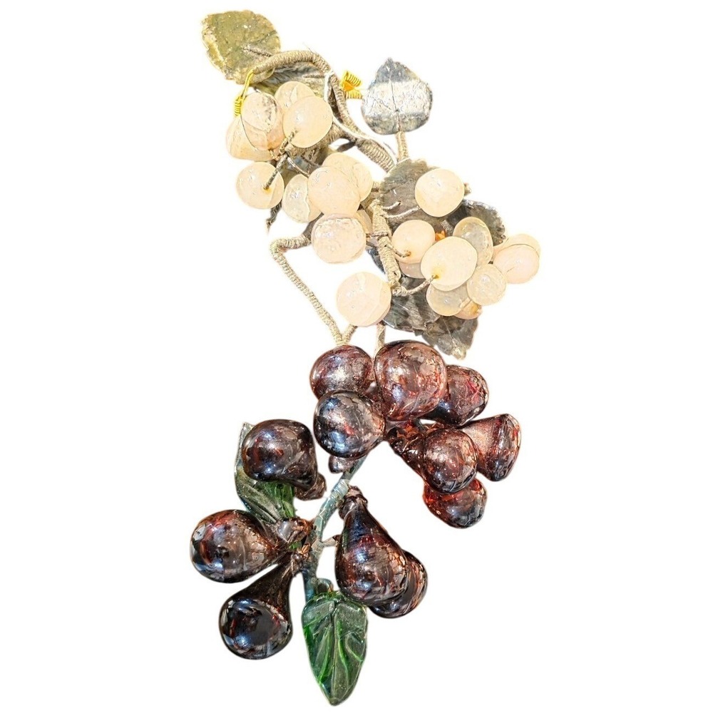 2 Vintage Alabaster & Glass Grape‎ Cluster Decoration White Purple MCM 7"L
